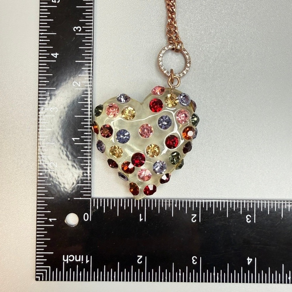 Betsey Johnson Lucite Puffy Heart Necklace Multi-Color Rhinestone 40" Long Opera - Picture 7 of 8